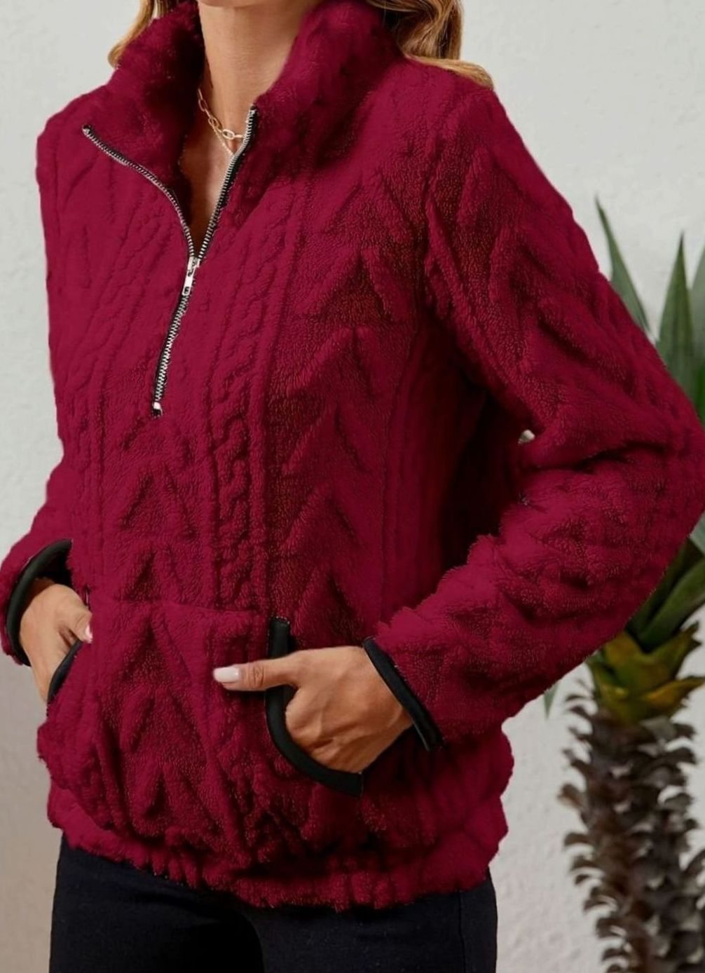 Dames fleece trui met structuur, halve rits en kangoeroezak