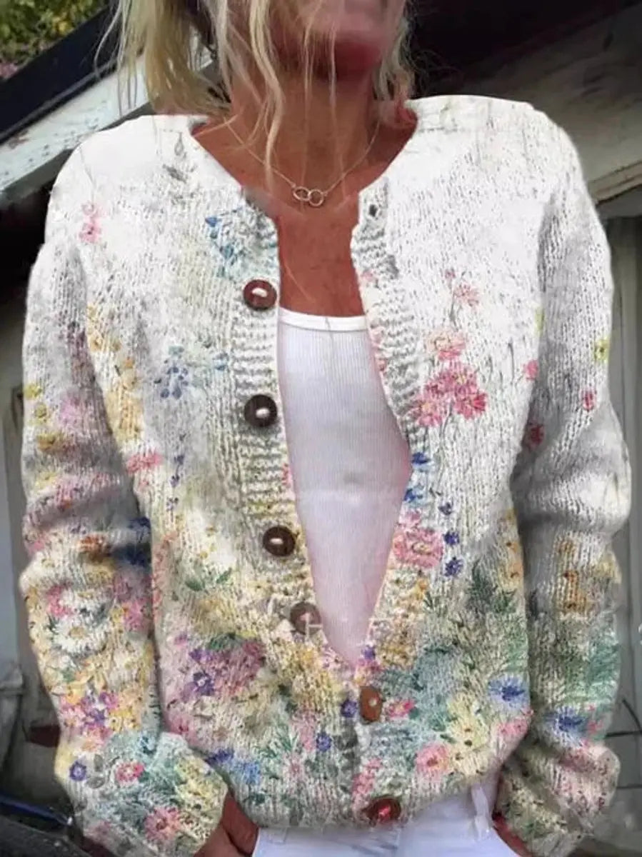 Gebreid damesvest met bloemenprint en knoopsluiting