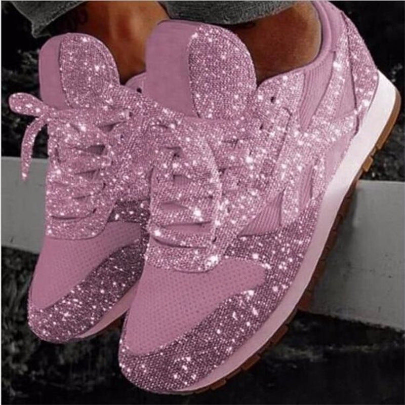 Glinsterende modieuze damessneakers met strass-look, ademend gebreid bovenwerk en dempende binnenzool
