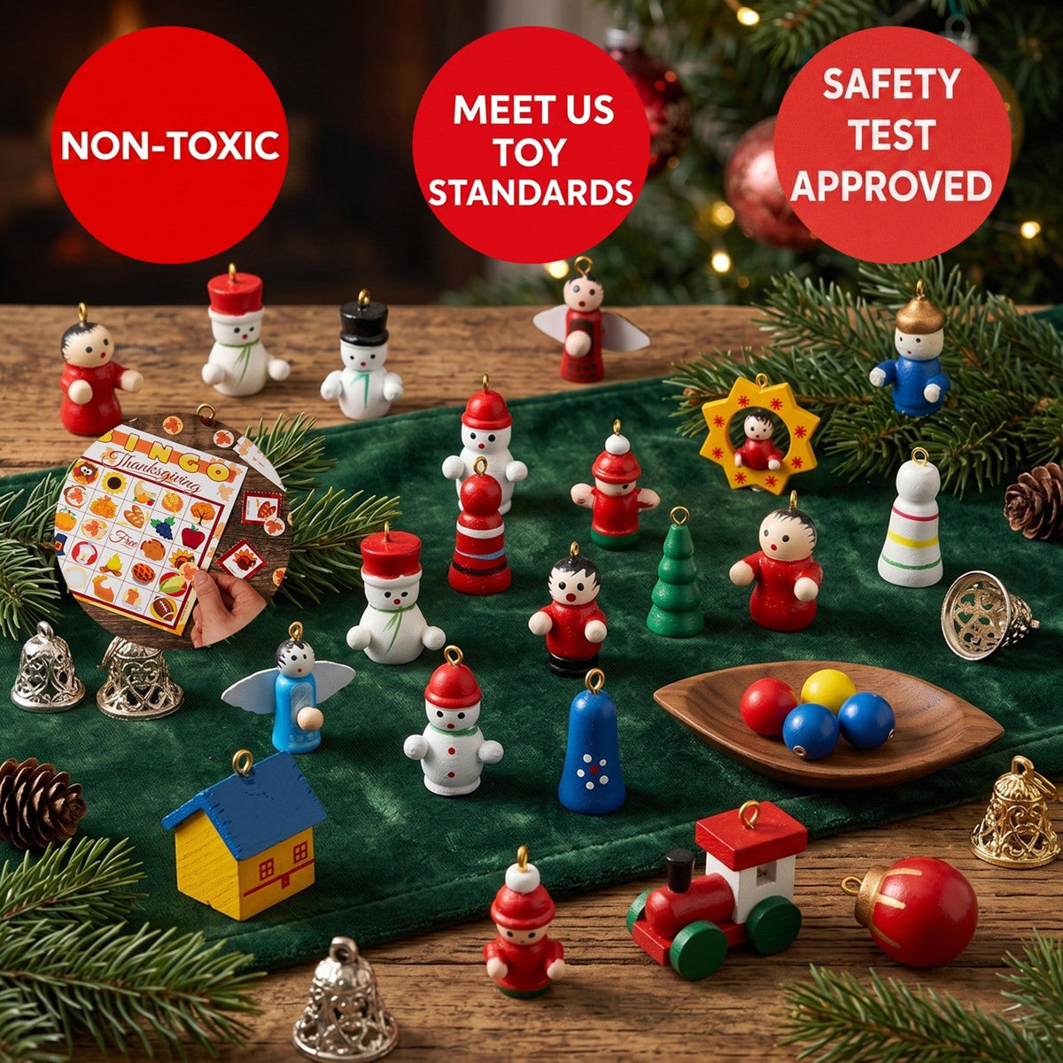 Houten tafelkerstboom adventskalender met 24 mini-ornamenten voor kinderen