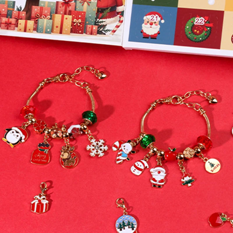 Kerstadventskalender voor kinderen met armband om af te tellen - 24 dagen - kleurrijke kristallen in geschenkdoos