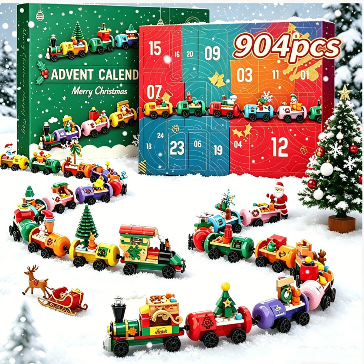 Kersttrein Adventskalender, 904-delige Bouwset Trein van Bouwsteentjes