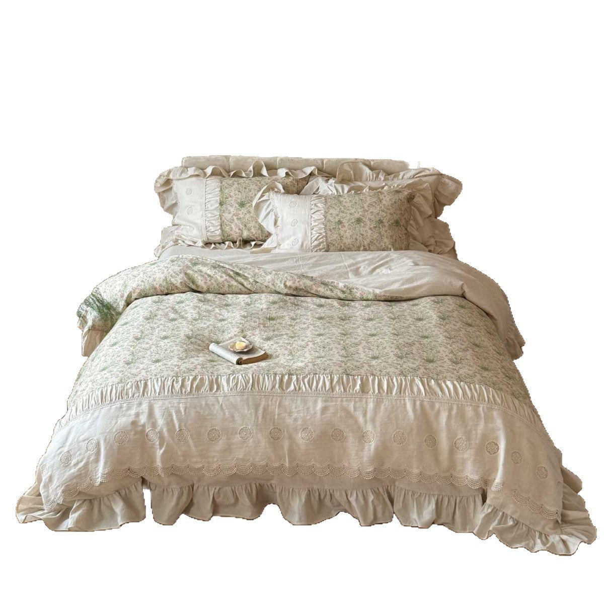 Luxe katoen-linnen beddengoedset met ruches en vintage bloemenpatroon