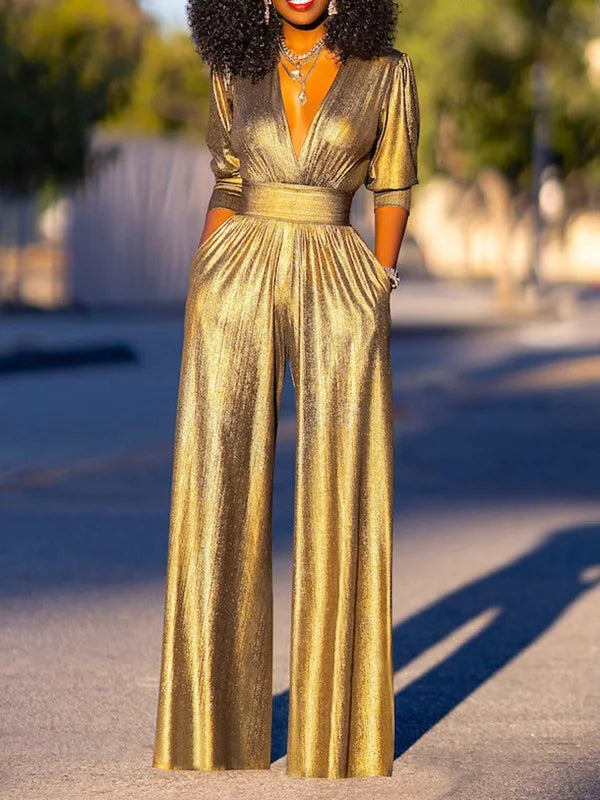 Metallic jumpsuit met V-hals en wijde pijpen voor dames