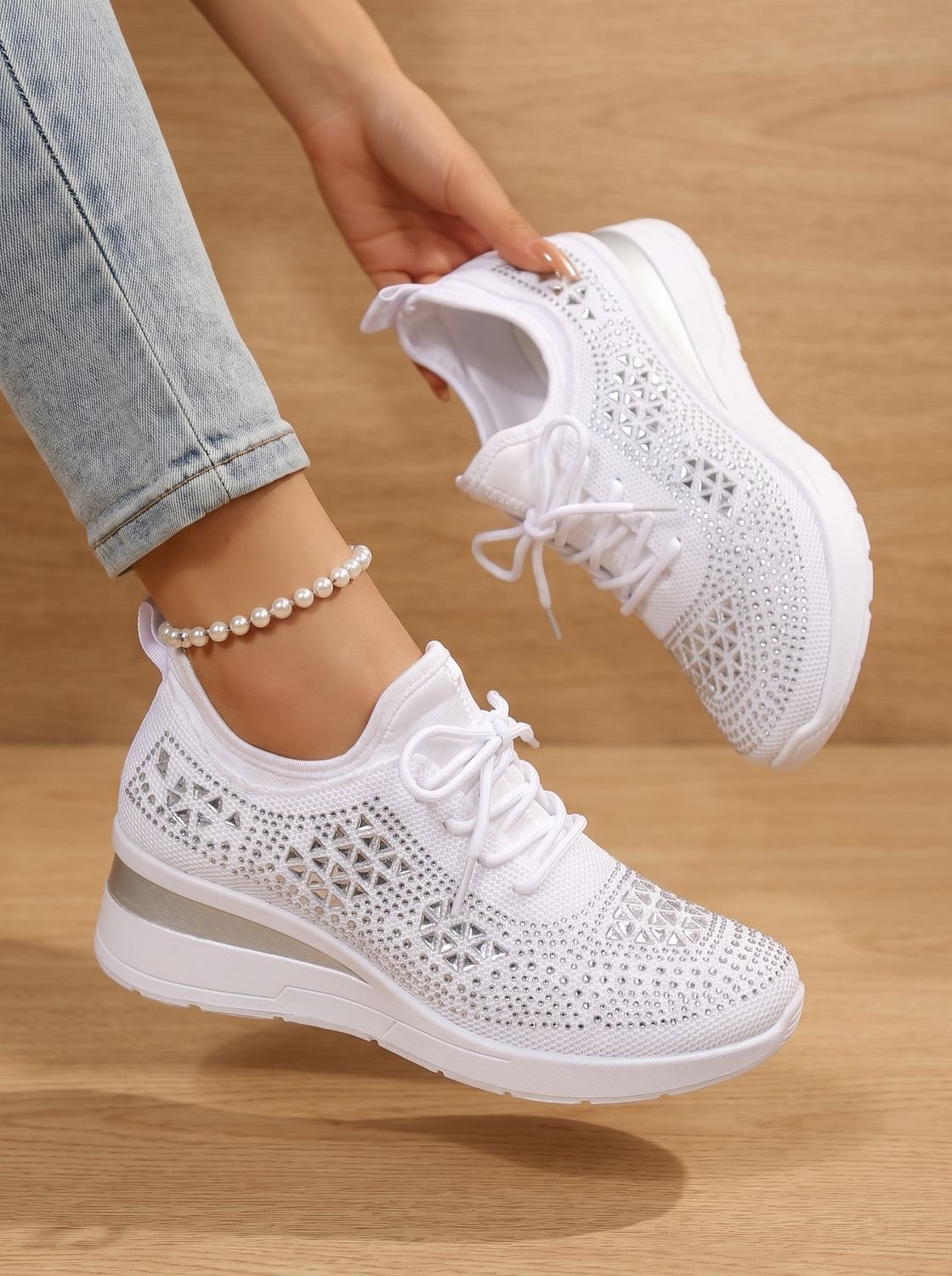 Orthopedische gebreide vetersneakers met sleehak en strass voor dames