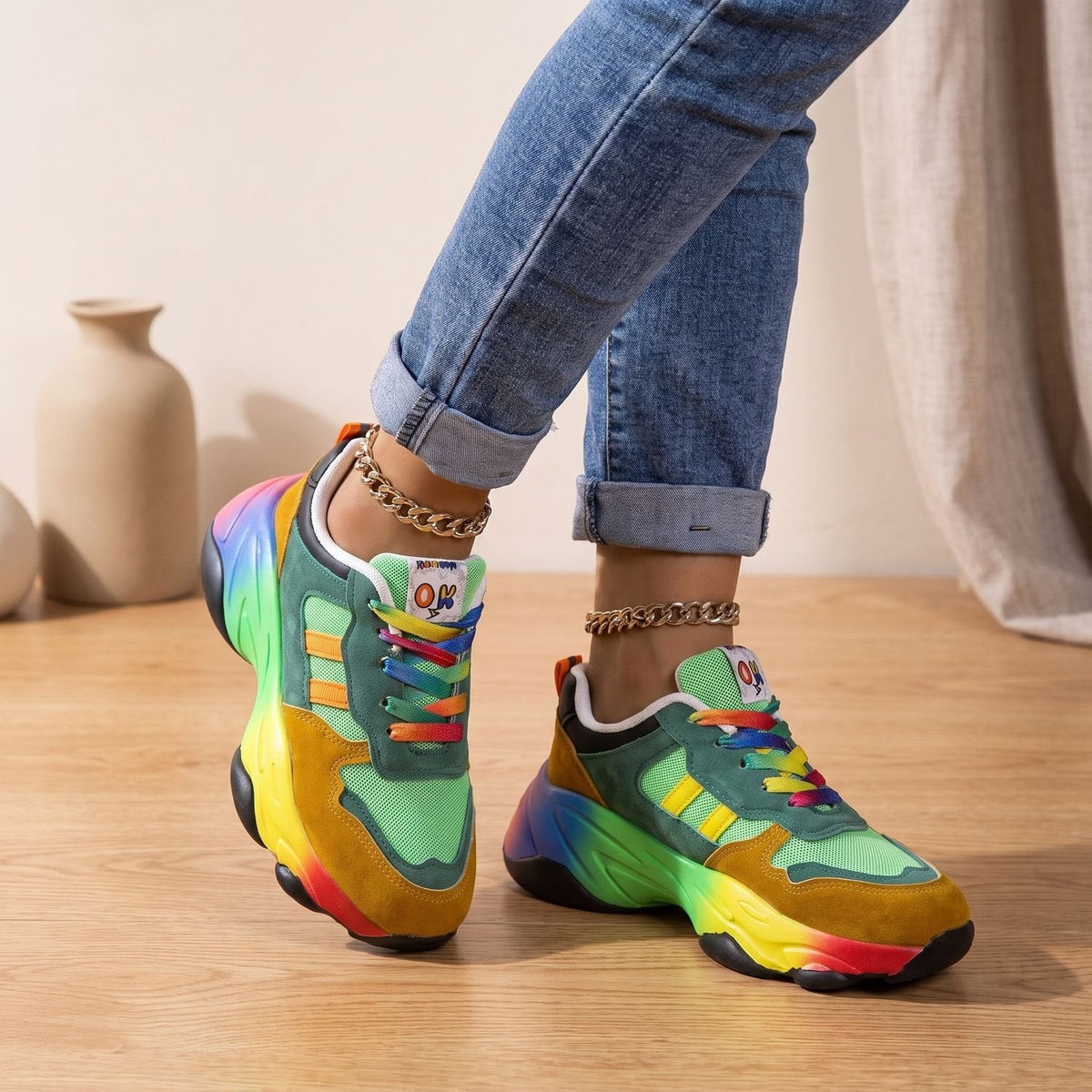 Orthopedische regenboogsneakers voor dames met dikke zool en veters