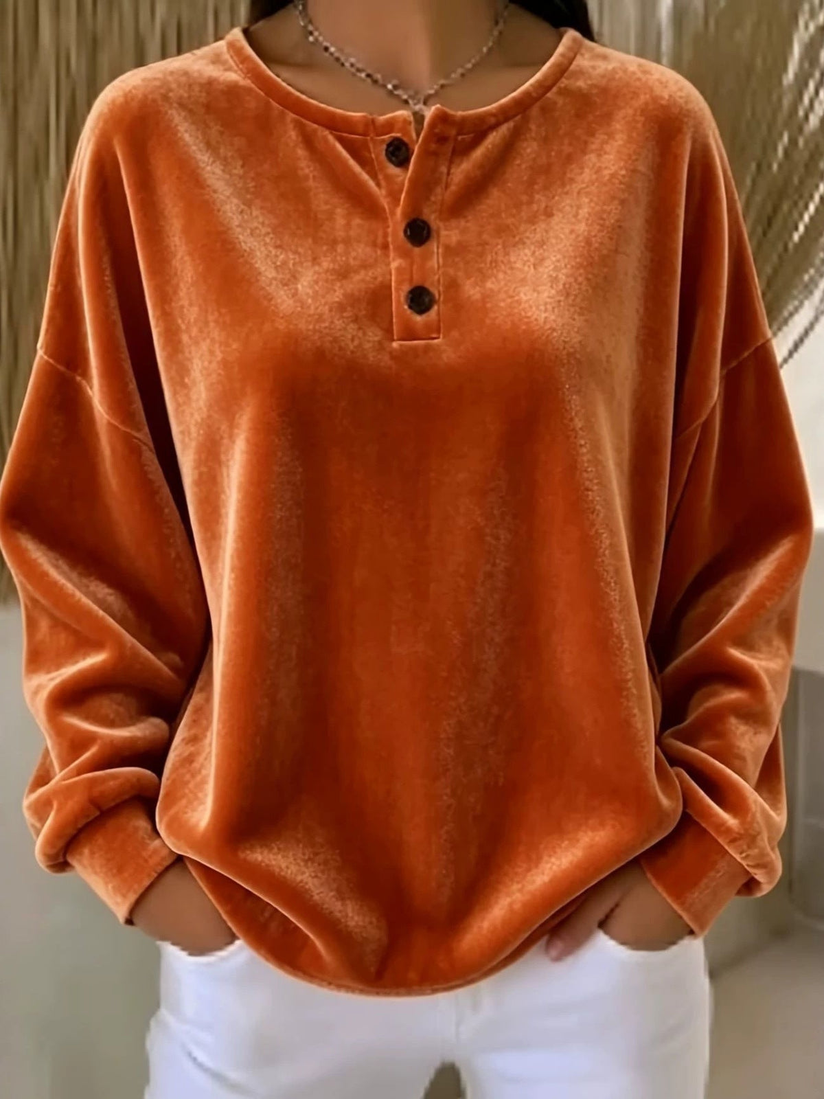 Oversized Henley-sweatshirt voor dames met fluweeleffect, knopenlijst en verlaagde schouders