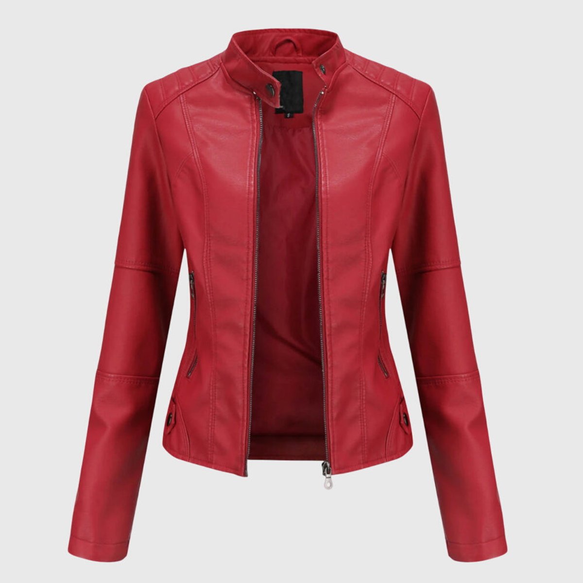 Slim fit imitatieleren bikerjack voor dames met opstaande kraag en ritssluiting