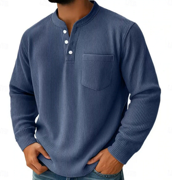 Thermisch henleyshirt voor heren van wafelgebreide stof met opstaande kraag, borstzak en geribde comfortabele pasvorm