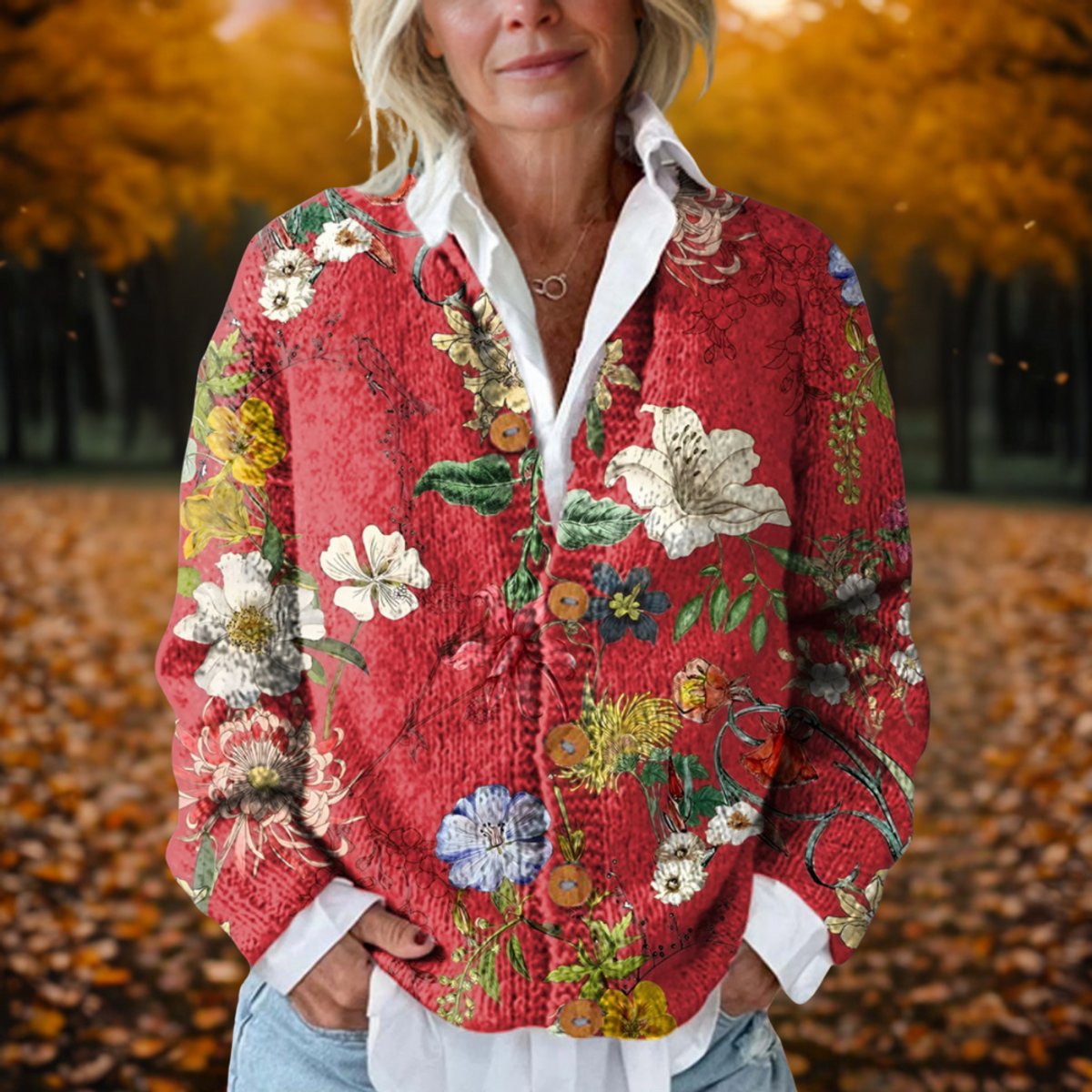 Vintage gebreid damesvest met bloemenprint en knoopsluiting