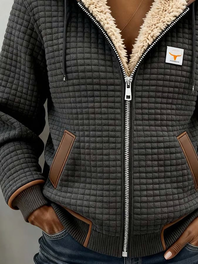 Warme retro outdoorjas voor dames met ruitpatroon en dubbele kraag