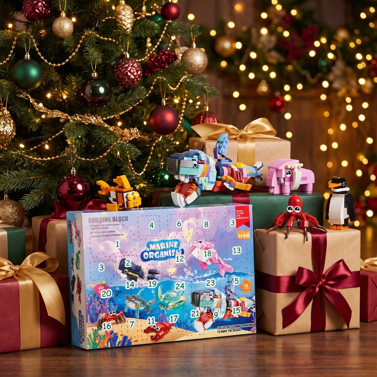 Zeedieren Adventskalender, 24 Dieren van Bouwsteentjes + Groot Zeedier