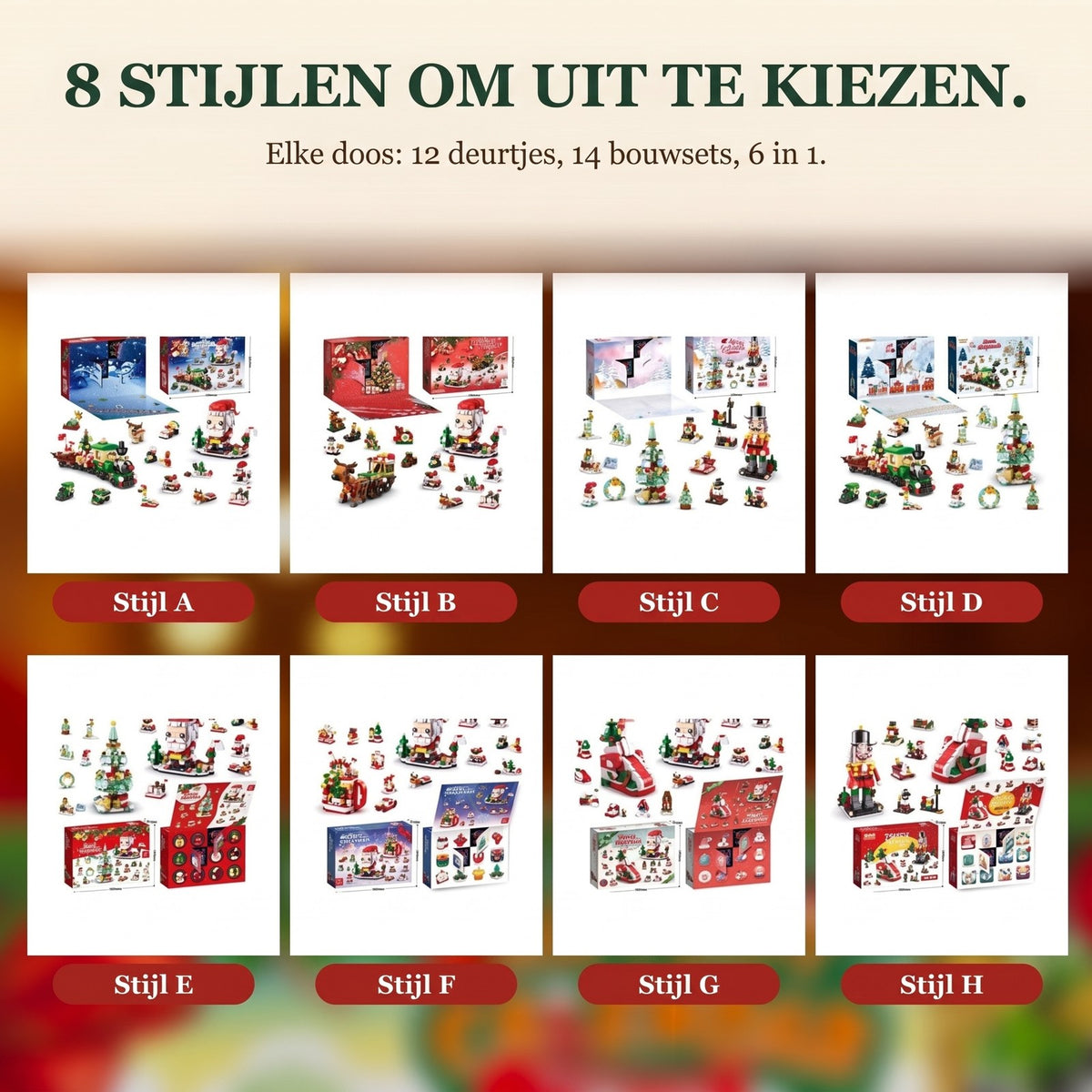 12 Dagen Kerst Adventskalender van Bouwsteentjes, 14 Bouwsels 6-in-1, 8 Stijlen