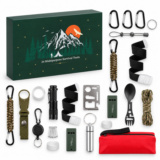 24-daagse adventskalender met outdoorgereedschap - Camping- en wandelaccessoires - Aftelkalender voor kerst met diverse gebruiksvoorwerpen