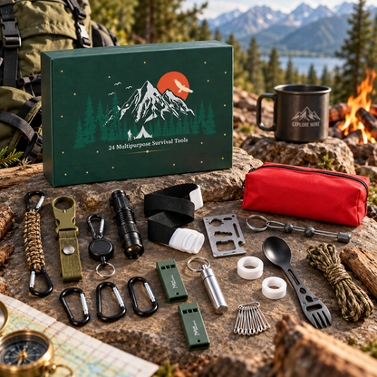 24-daagse adventskalender met outdoorgereedschap - Camping- en wandelaccessoires - Aftelkalender voor kerst met diverse gebruiksvoorwerpen