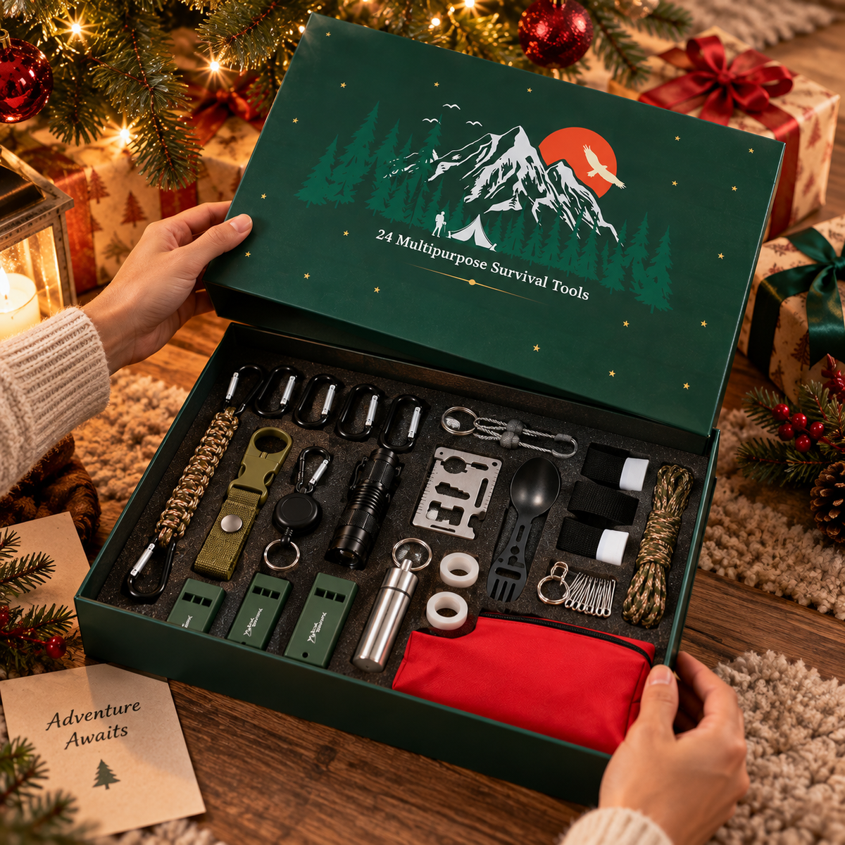 24-daagse adventskalender met outdoorgereedschap - Camping- en wandelaccessoires - Aftelkalender voor kerst met diverse gebruiksvoorwerpen