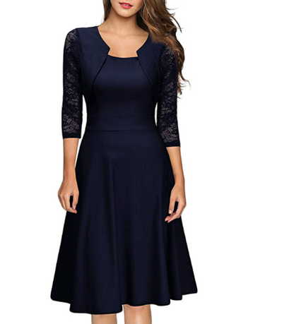 Image of Alice | Dames 3/4 Mouw Kant A-lijn Midi Jurk