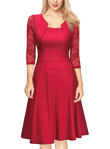 Image of Alice | Dames 3/4 Mouw Kant A-lijn Midi Jurk