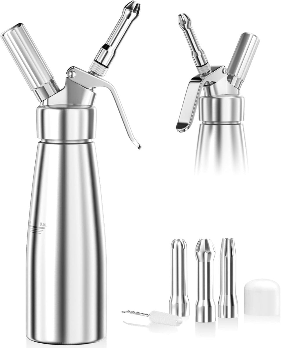 Aluminium slagroomspuit 500 ml met drie spuitmondjes en sifonmechanisme
