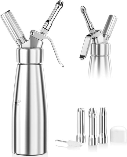 Aluminium slagroomspuit 500 ml met drie spuitmondjes en sifonmechanisme