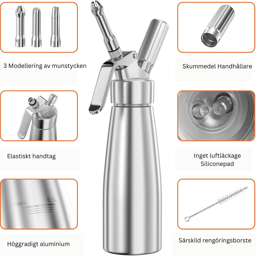 Aluminium slagroomspuit 500 ml met drie spuitmondjes en sifonmechanisme