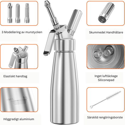 Aluminium slagroomspuit 500 ml met drie spuitmondjes en sifonmechanisme