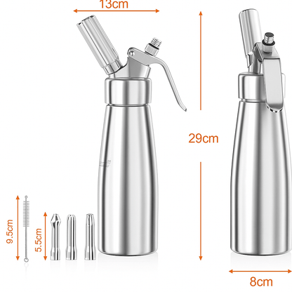 Aluminium slagroomspuit 500 ml met drie spuitmondjes en sifonmechanisme