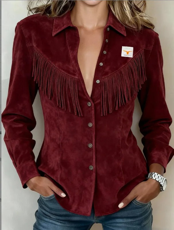 Amber | Dames Blouse met Franjes - Lange Mouwen - Knoopsluiting - Image 1