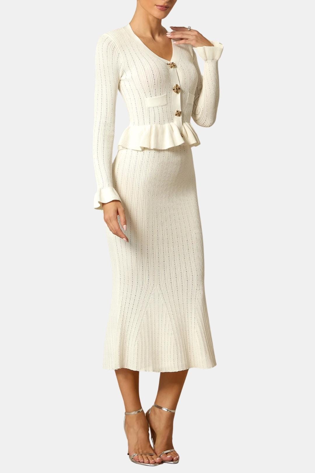 Image of Annie | Dames Lange Mouw Peplum Midi Jurk