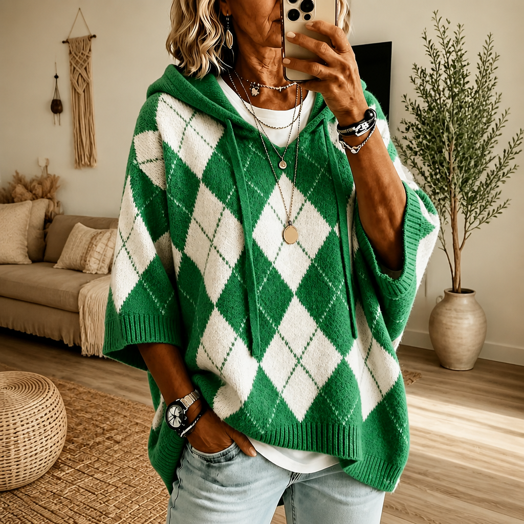 Argyle ponchotrui met capuchon en vleermuismouwen