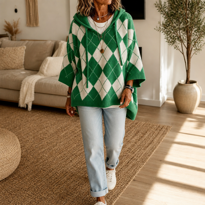 Argyle ponchotrui met capuchon en vleermuismouwen