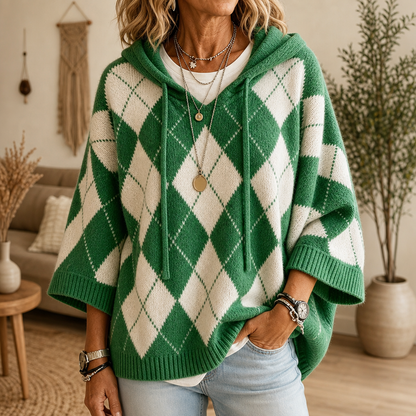 Argyle ponchotrui met capuchon en vleermuismouwen