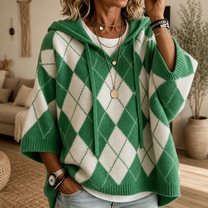 Argyle ponchotrui met capuchon en vleermuismouwen