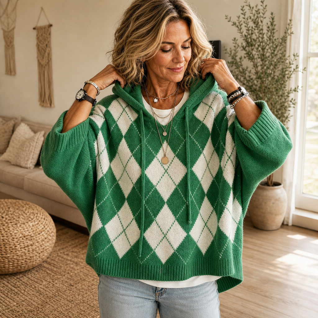 Argyle ponchotrui met capuchon en vleermuismouwen