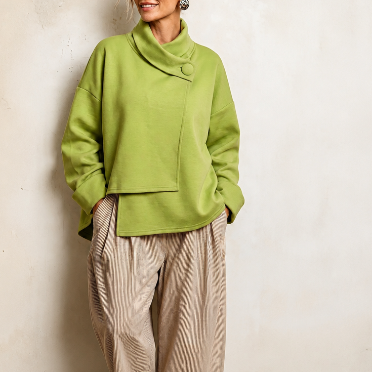 Asymmetrische sweater met colkraag en knoop