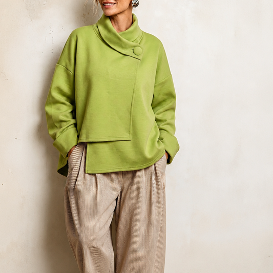 Asymmetrische sweater met colkraag en knoop