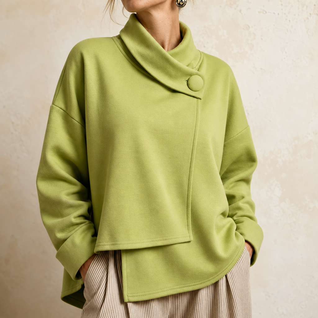 Asymmetrische sweater met colkraag en knoop