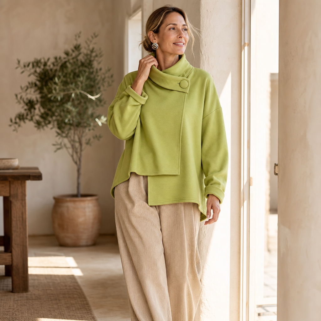 Asymmetrische sweater met colkraag en knoop