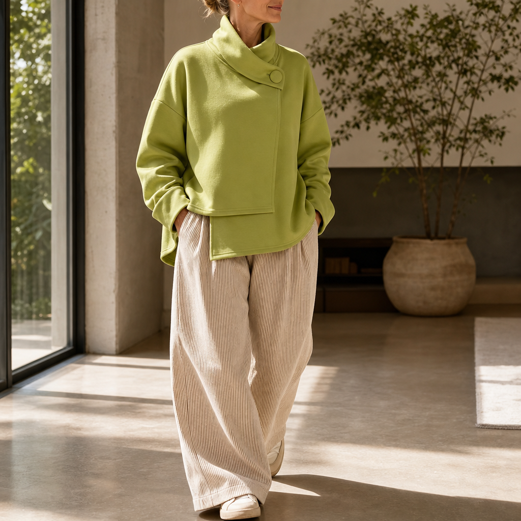 Asymmetrische sweater met colkraag en knoop