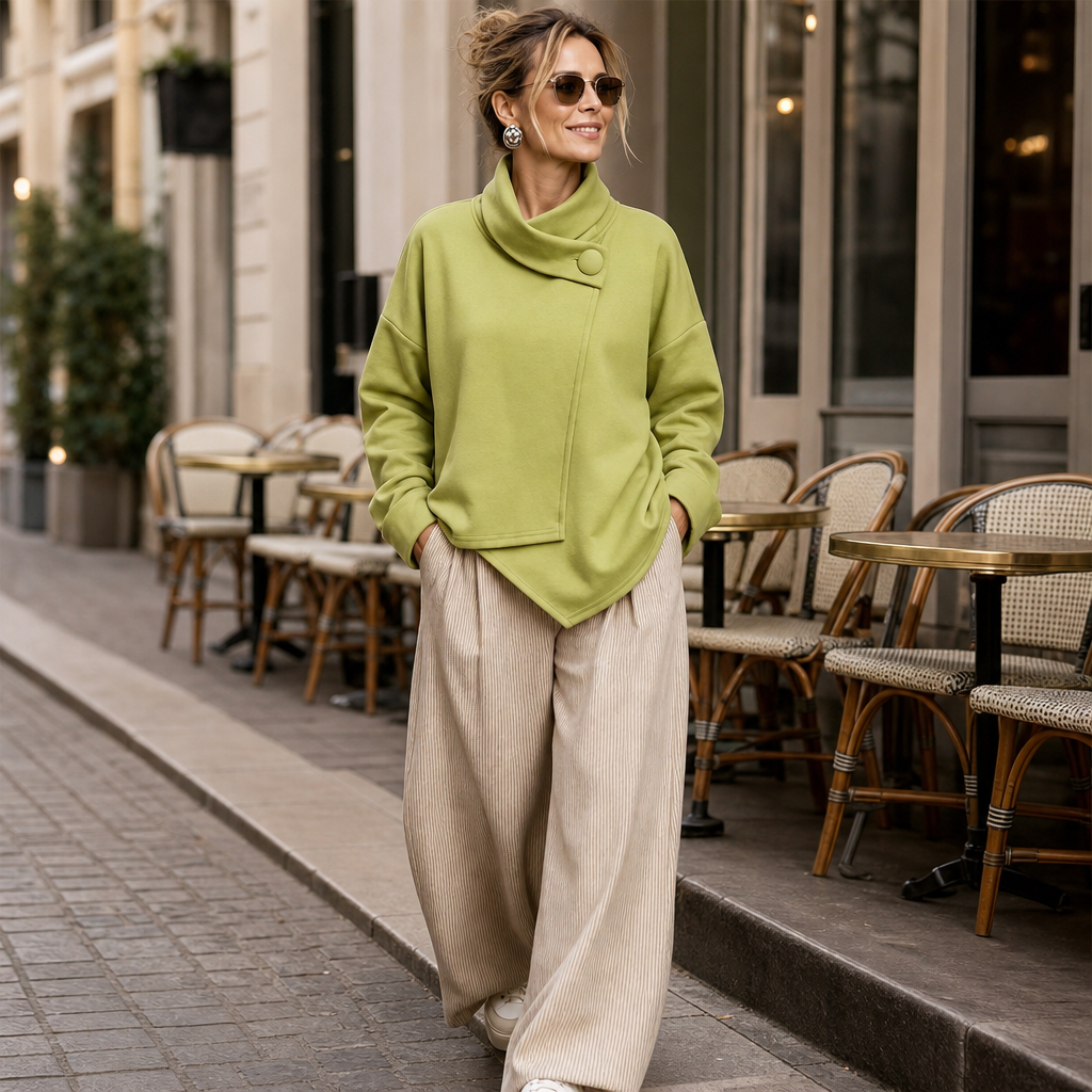 Asymmetrische sweater met colkraag en knoop