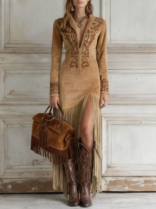 Image of Bianca | Dames Maxi-jurk met Lange Mouwen en Franjes