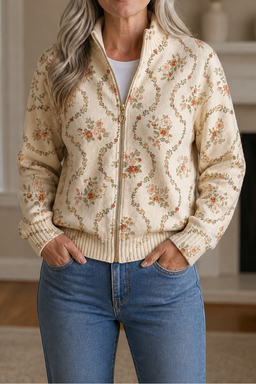 Bombervest met ritssluiting en botanische print
