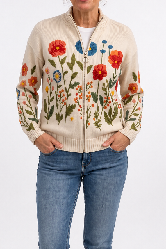 Bombervest met ritssluiting en botanische print