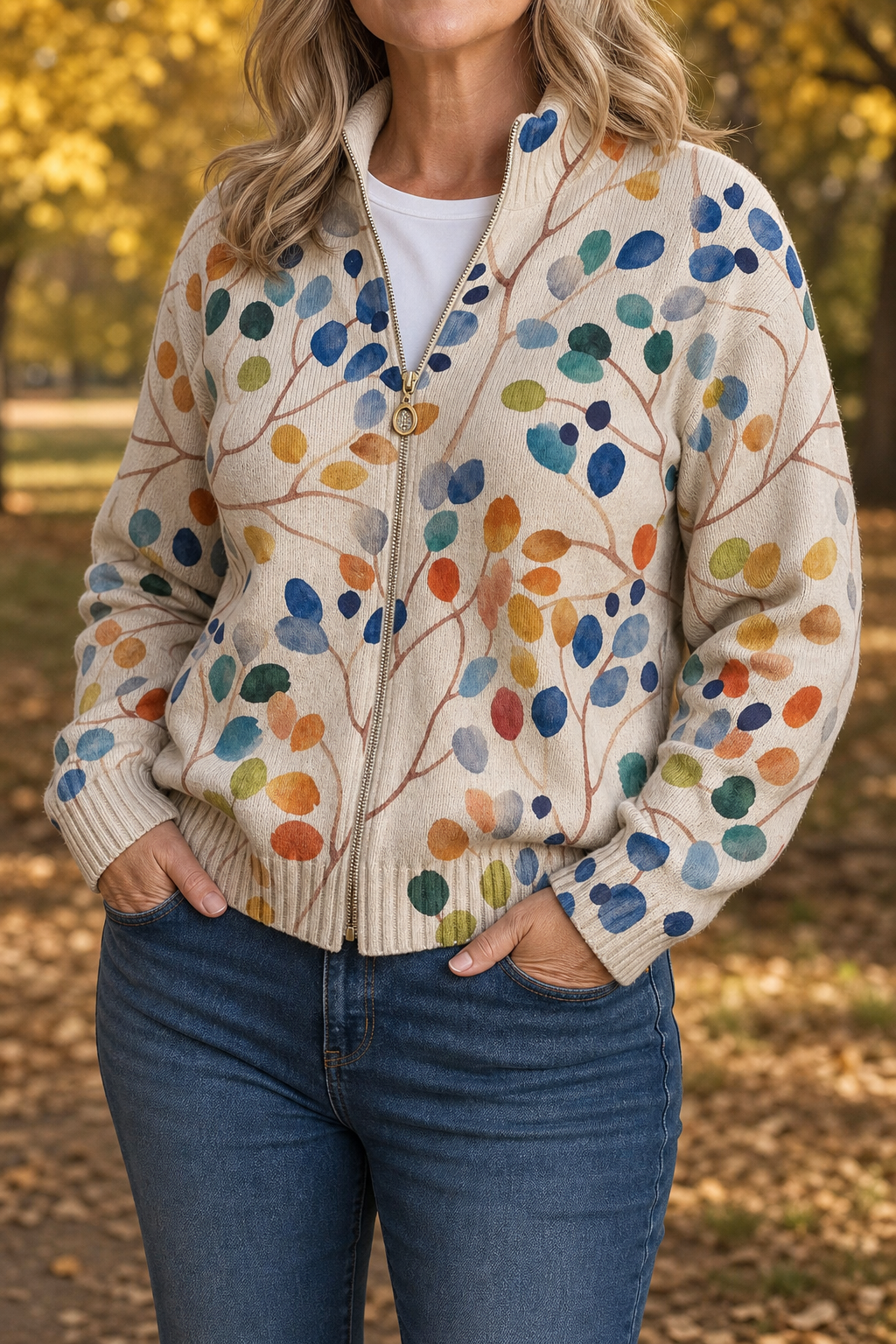 Bombervest met ritssluiting en botanische print