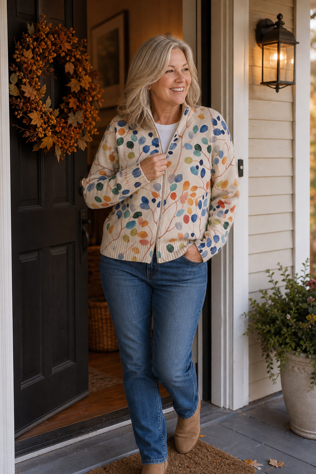 Bombervest met ritssluiting en botanische print