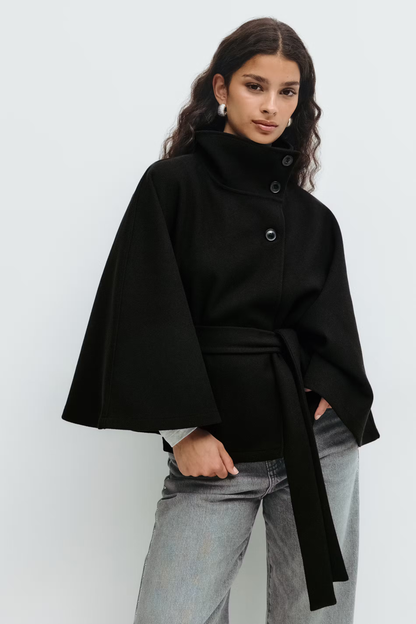 Capejas voor dames van wolmix | Hoge kraag & strikceintuur | Regular fit mantel met knopen voor herfst & winter