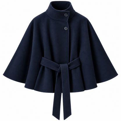 Capejas voor dames van wolmix | Hoge kraag & strikceintuur | Regular fit mantel met knopen voor herfst & winter