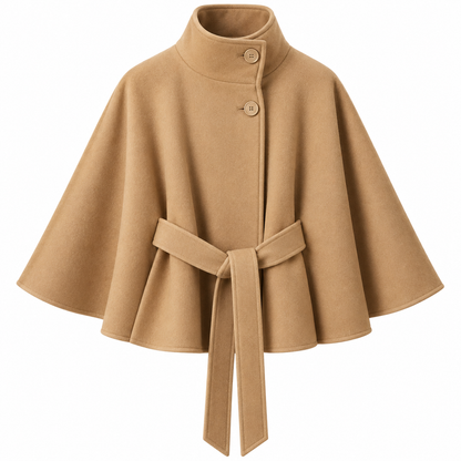 Capejas voor dames van wolmix | Hoge kraag & strikceintuur | Regular fit mantel met knopen voor herfst & winter