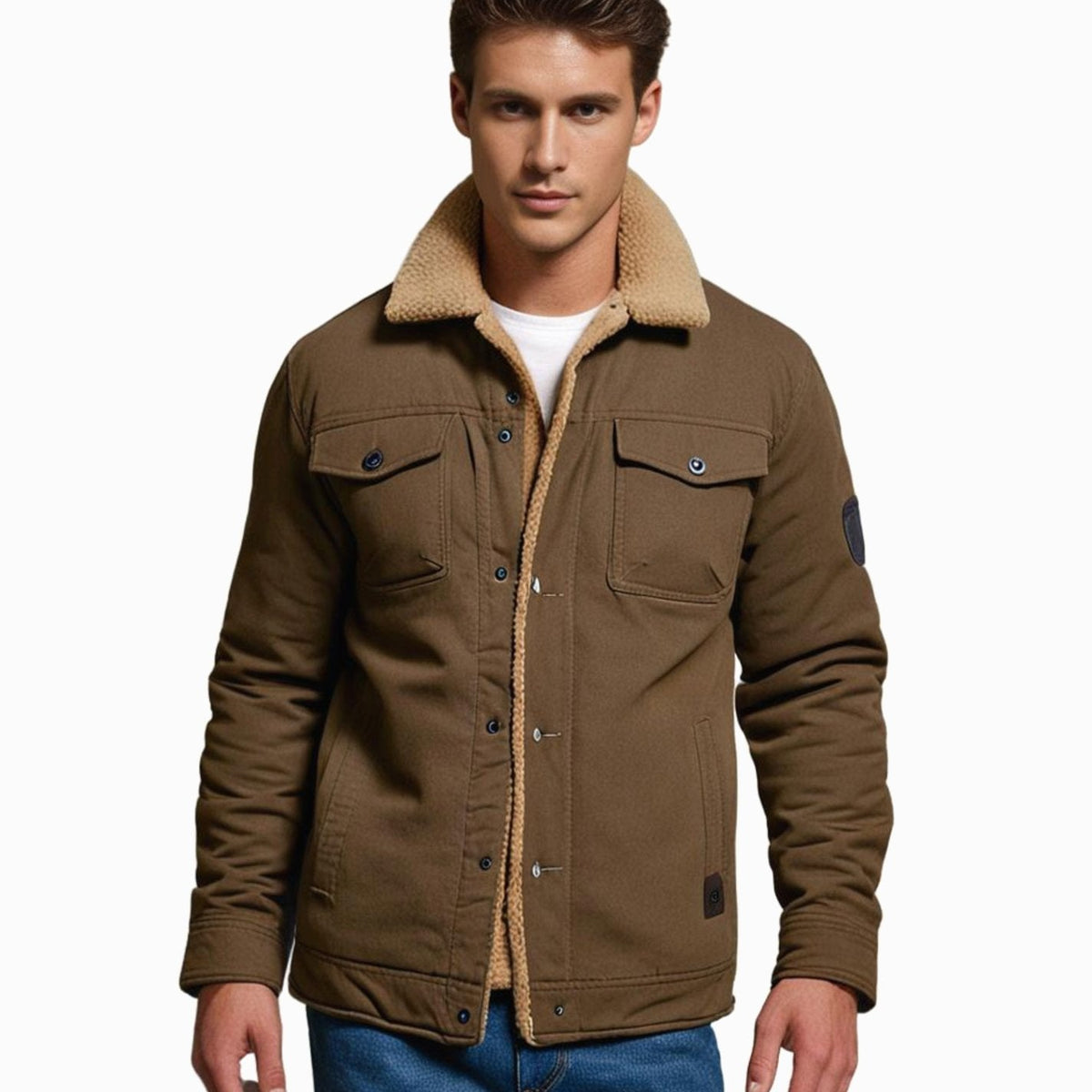 Casual outdoorjas voor heren met sherpavoering en drukknopen