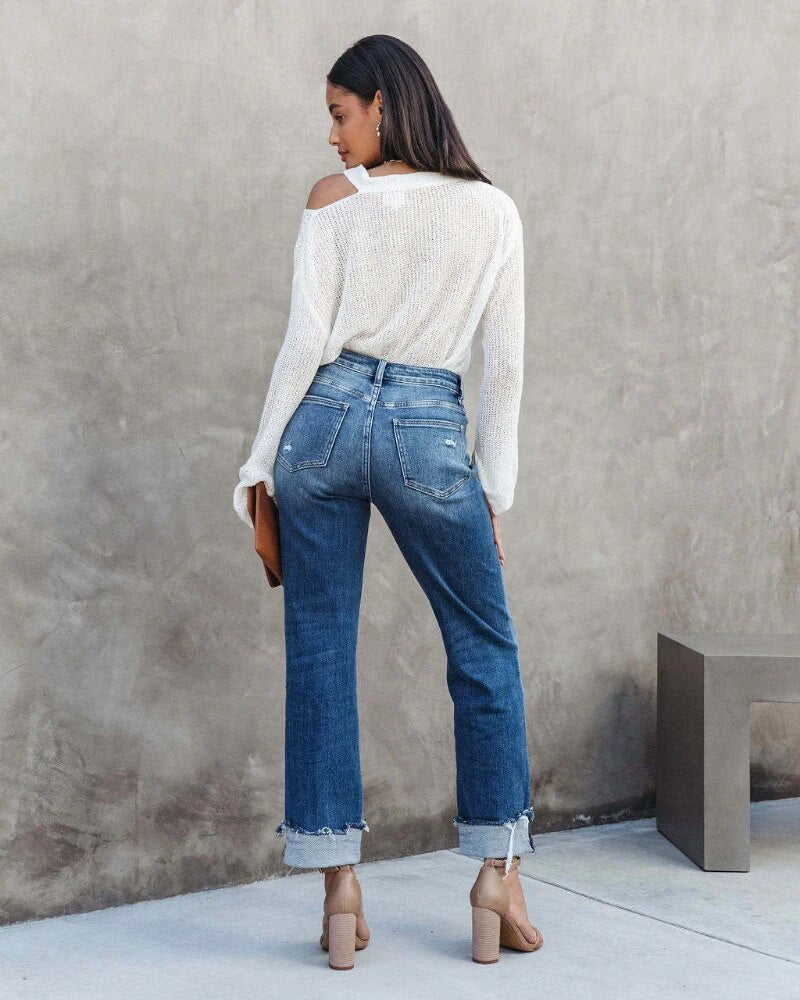Image of Cheryl | Dames High-Waisted Jeans met Omslag